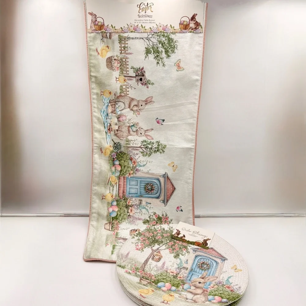Easter Blessings Table Runner‎ and Set of 4 Braided Placemats Bunny Rabbit